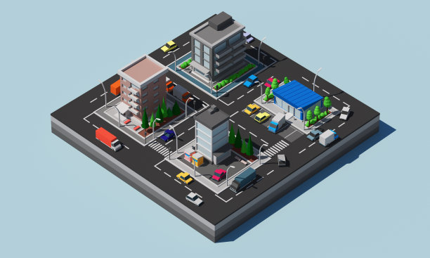 等距城市街道和建筑。3D渲染图片下载