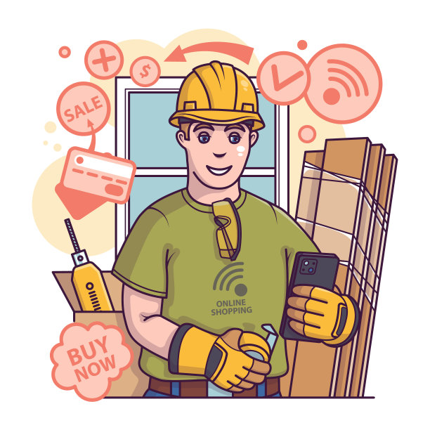 穿制服的建筑工人在网上购物。与维修工具一起存放图片下载