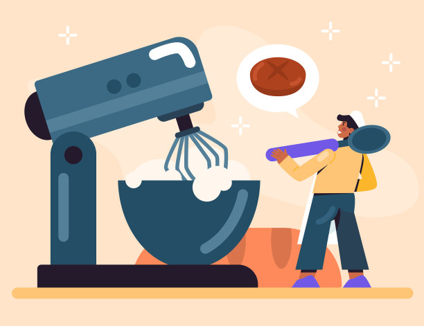 年轻人拿着勺子站在搅拌机旁边。现代化装备制造图片下载