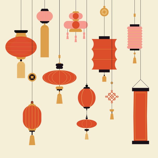中国灯笼套装。传统的红色亚洲灯。新年庆祝活动。现代装饰元素。节日的花环。极简几何设计。矢量卡通平面插图图片下载