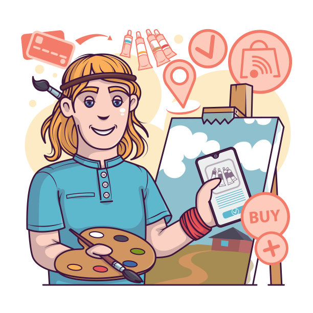 年轻男性通过智能手机绘制风景和购物。专业艺术家选择颜料图片下载