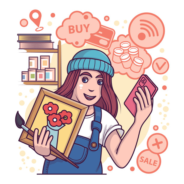 女孩在为新画买相框。年轻艺术家选择颜料。艺术家网上商店图片下载