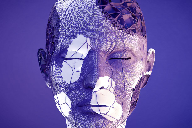 具有神经丛、深度学习和人工智能背景的半机械人脑袋图片下载