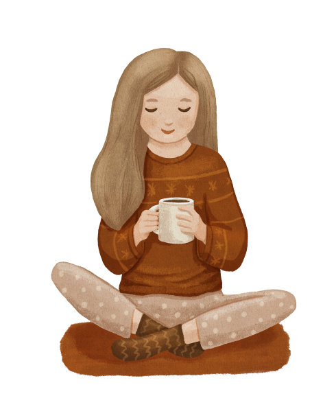年轻女子拿着杯子坐在地板上喝咖啡。女孩的日常活动，业余时间。卡通手绘插画图片下载