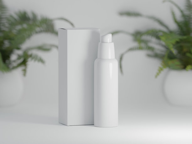 化妆品白色光泽分配器瓶包装和室内植物的背景图片下载