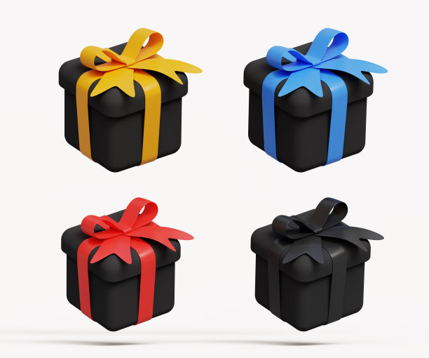 3D礼盒套装。特殊的事件。图标的生日，婚礼，周年纪念，情人节，圣诞节或新年礼物。黑色礼品盒和彩色丝带。三维演示图片下载