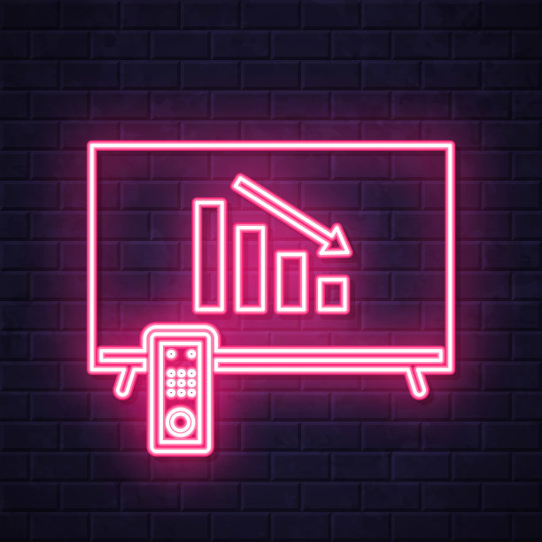 电视上的递减图。在砖墙背景上发光的霓虹灯图标图片下载