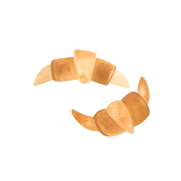 烘焙套装:早餐吃两个牛角面包。孤立的水彩插图在白色的背景。剪纸艺术。茶话会或英式聚会的装饰。图片下载