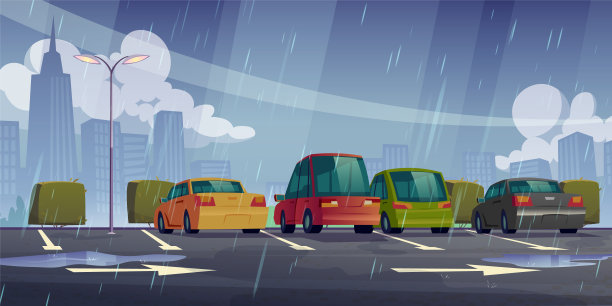 雨在停车场和城市街道道路插图图片下载