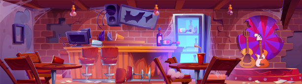 废弃的吧台和凌乱的室内卡通图片下载
