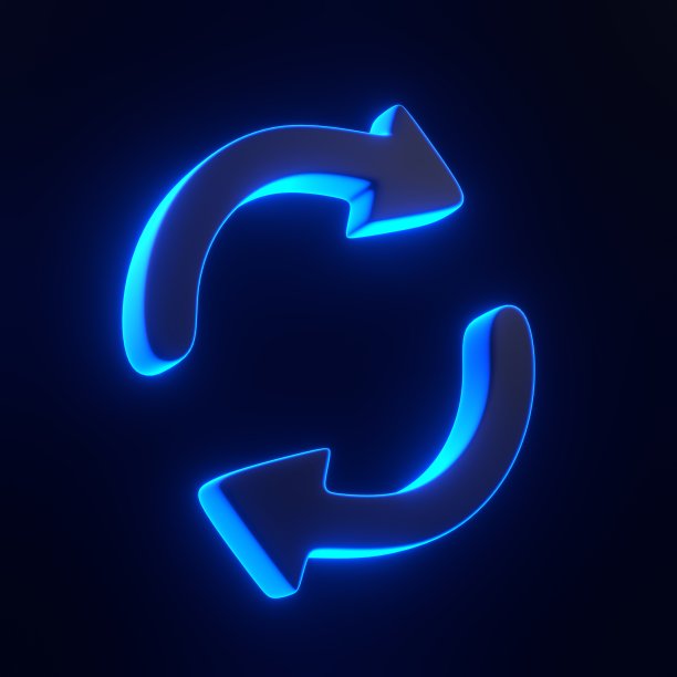 两个箭头图标，更新符号与明亮的发光未来的蓝色霓虹灯在黑色背景图片下载