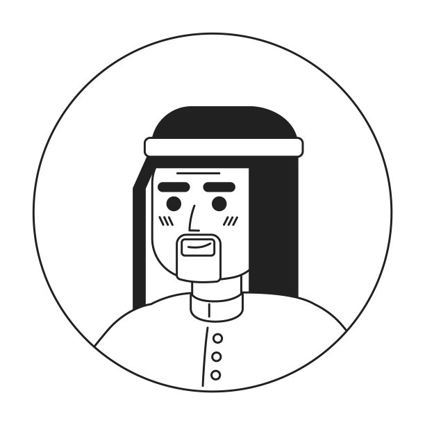 沙特老人轻松站立黑白二维矢量头像插图。开朗的阿拉伯高级男性轮廓卡通人物脸孤立。正面自信的大头照摆出平面肖像图片下载