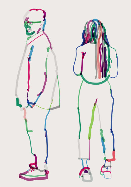 轮廓水彩肖像图案，时尚的男人与女人的模型在站立图片下载