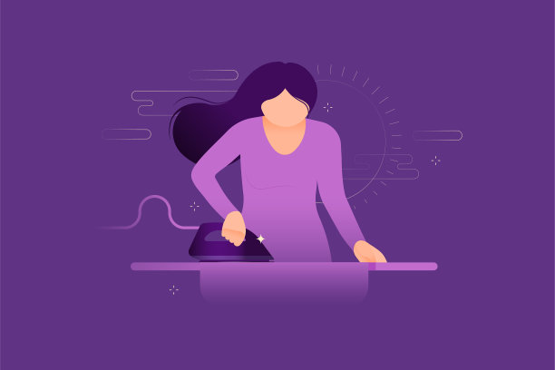 女性用熨斗烫衣服。护理和清洁洗衣用具的概念。光元素。紫色的背景。网站模板。横幅。着陆页。图片下载