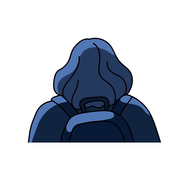 抽象的女人与背包在夜晚的后视图。背着背包的女孩在散步。女性角色走路。后面有波波头的人。抽象平面孤立矢量插图上的白色图片下载