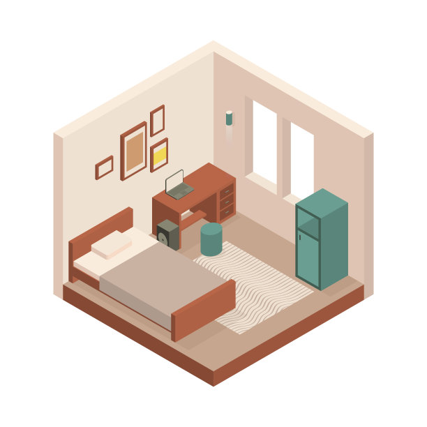 矢量等距低聚舒适的卧室与各种家具。现代矢量插图。图片下载