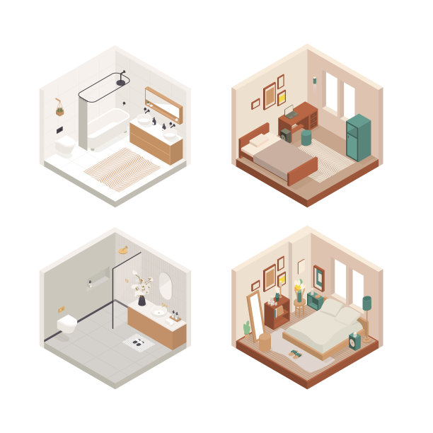 集合矢量等距低聚舒适的房间与各种家具。现代矢量插图。图片下载