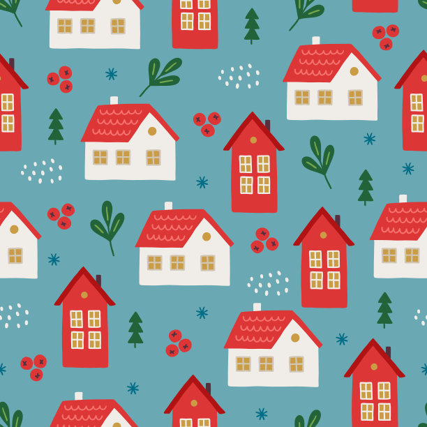 圣诞无缝图案的房子，浆果，树叶，冷杉树，雪花图片下载