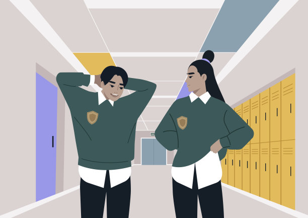 一个害羞的学生在课间休息时和他们的恋人调情，两人都穿着大学制服，在学校走廊里摆满了储物柜和通往教室的门图片下载