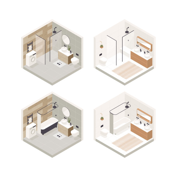 矢量等距低聚舒适浴室内饰与各种家具的集合。现代矢量插图。图片下载