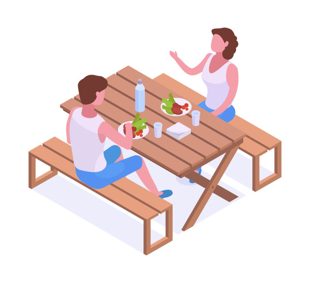 后院的等距男人和女人。人们在户外吃饭，花园家具和放松的人物花时间在后院3d矢量插图图片下载