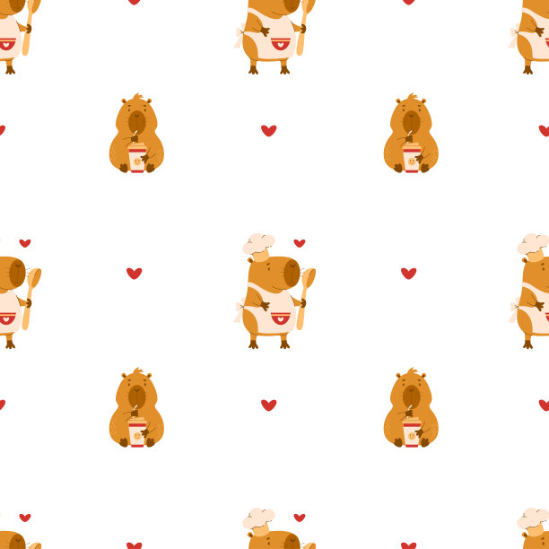 无缝模式。可爱的水豚与咖啡和动物厨师在白色的背景与心。矢量插图节日设计，壁纸，包装，纺织品。孩子们收集。图片下载