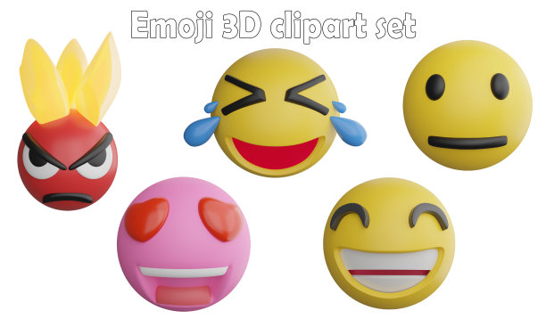 Emoji表情剪贴画元素，3D渲染表情符号概念白色背景图标集2图片下载