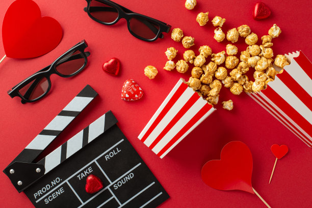 首映式激情:为一部浪漫电影的首映式制作的俯视图，拍手，3D眼镜，爆米花散落在盒子里，美味的巧克力，心形装饰的棍子在醒目的红色背景上图片下载