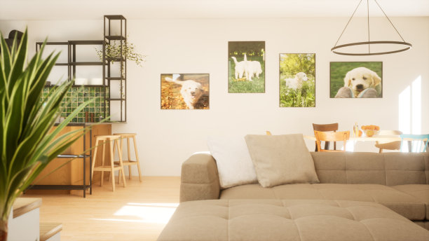 现代豪华客厅，厨房和楼梯。时尚的两层房子。三维渲染图片下载