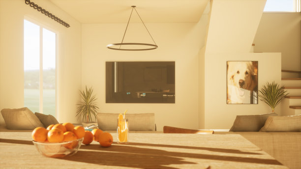 现代豪华客厅，厨房和楼梯。时尚的两层房子。三维渲染图片下载