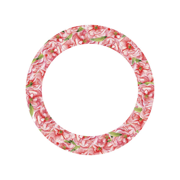 水彩粉色牡丹花环。手绘花卉圆形框架与淡粉色牡丹和绿叶的邀请，标签，标志，卡片装饰，剪贴画为商店设计图片下载