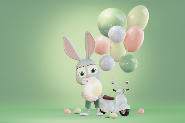可爱的兔子拿着复活节篮子站在摩托车旁边，手里拿着彩蛋。三维渲染图片下载