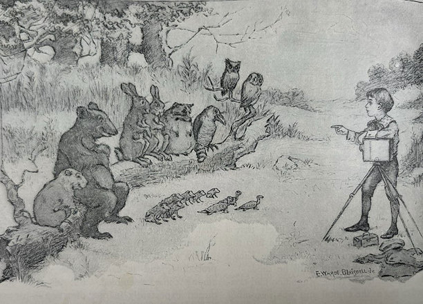 古色古香的插图——一群可爱的动物排成一排，让一个可爱的小男孩摆姿势拍照图片下载