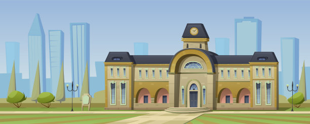 学生校园、大学大楼或市政厅。20世纪的建筑，钟楼。城市公园有绿树和草坪，路灯和小路。地平线上的城市建筑。矢量动画图片下载