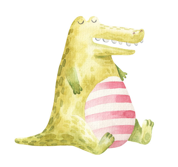 可爱的动物，胖鳄鱼闭着眼睛坐着，白色背景水彩画插图图片下载
