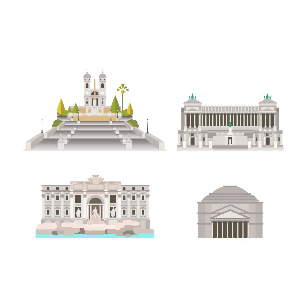 意大利罗马的卡通符号收藏。受欢迎的旅游建筑:西班牙阶梯，威尼斯广场，特莱维喷泉，万神殿。罗马图标集。图片下载