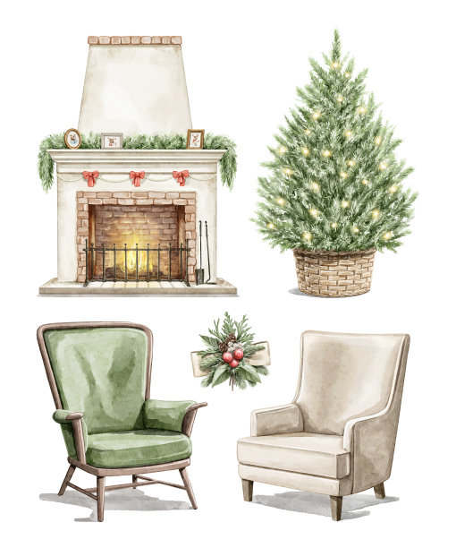 水彩卡通集与两个扶手椅，壁炉和圣诞树图片下载