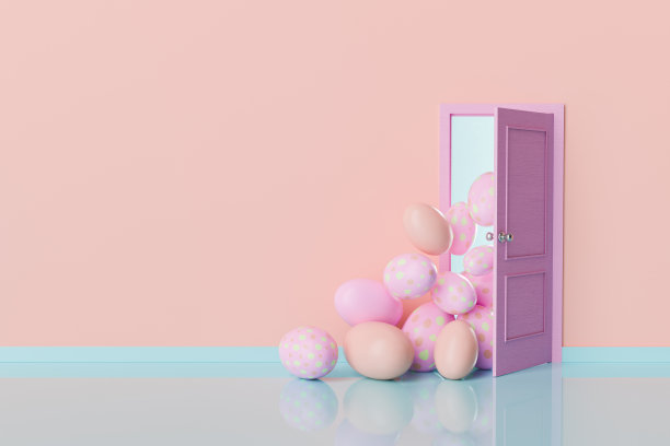 粉彩复活节彩蛋溢出从一个紫色的门在桃色背景图片下载