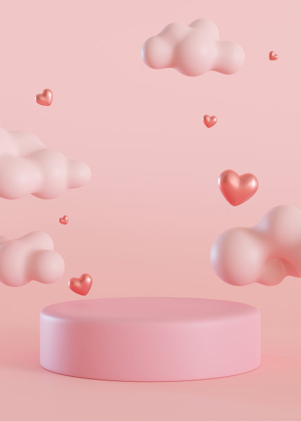 粉红色的讲台上有云和心。情人节，母亲节，婚礼。产品展示，化妆品展示。模拟。美容产品的底座或平台。舞台与复制空间。3 d。图片下载