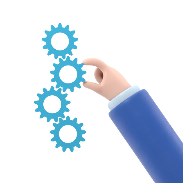 卡通手势图标模型。资产管理理念。设置机构齿轮。三维插图平面设计。商人手里拿着齿轮。图片下载