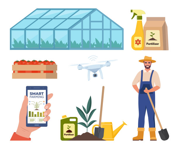 农民性格与不同的农场要素。温室,肥料。智能农业，无人机在农业中的应用。智能手机上有控制植物生长的应用程序。矢量插图。图片下载