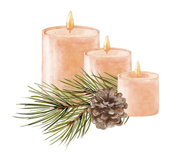 圣诞构图与天然香味蜡烛和冷杉枝。芳香疗法、健康生活方式、护肤、水疗的理念。手绘插图在白色的背景图片下载