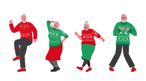丑毛衣派对。穿着红色和绿色圣诞毛衣的快乐老人图片下载
