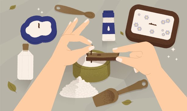 蜡烛制作俯视图。卡通工作室用蜂蜡灯芯和工具，创意儿童的爱好，使生态自制装饰灯。矢量图图片下载