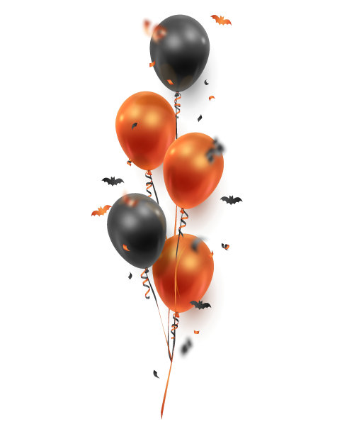 现实的花束黑色，红色，姜黄色气球，蝙蝠纸屑和丝带孤立的白色。矢量插图卡片，万圣节派对，设计，传单，海报，横幅，网络，广告图片下载