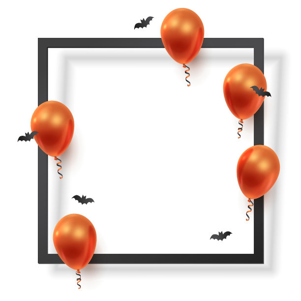 现实的姜，橙色气球，丝带，蝙蝠五彩纸屑和黑色纸方形框架。矢量插图卡片，万圣节派对，设计，传单，海报，横幅，网络，广告图片下载