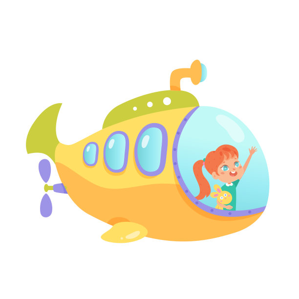 可爱的海潜艇与儿童矢量插图。卡通孤立的快乐有趣的女孩看着船舷窗和欢迎。和朋友一起深海潜水。水下冒险图片下载