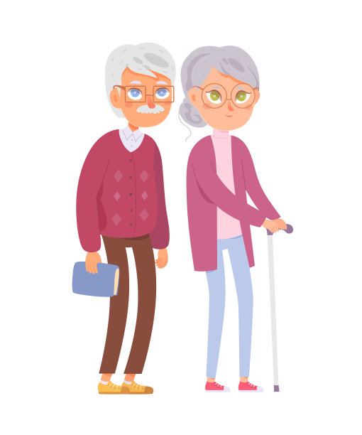 高级夫妇一起矢量插图。祖父和祖母，穿着紫色夹克，拄着手杖的美丽老妇人和白发苍苍的老人孤立在白色的背景上图片下载