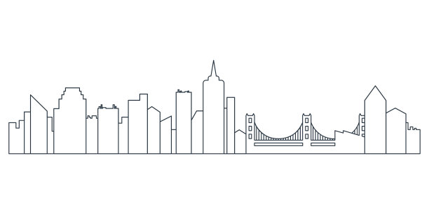 城市天际线，黑线城市景观与写字楼和桥梁图片下载