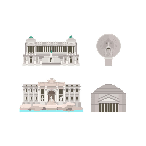 意大利罗马的卡通符号收藏。受欢迎的旅游建筑:威尼斯广场，真理之口，特莱维喷泉，万神殿。罗马图标集。图片下载